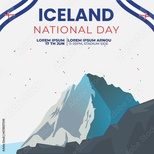 Iceland national day social media post  with flag . Landmark of Ice Peak . Vector Illustration