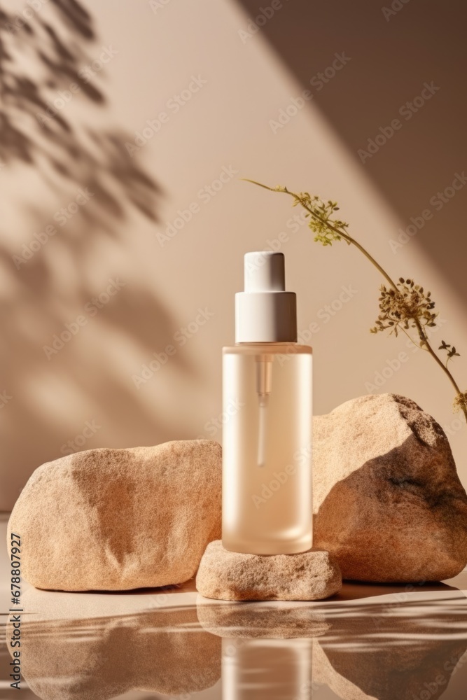 glass Cosmetic bottle on stone podium beige background with copy space. AI Generated glass Cosmetic bottle on stone podium beige background with copy space. AI Generated