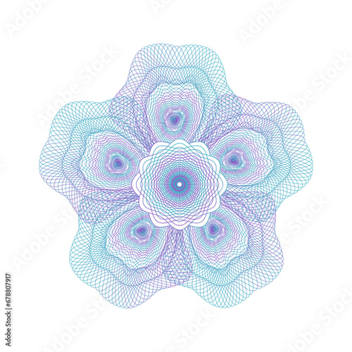 Guilloche rosette complicated element in flower shape style. Isolated template for the protection of securities, an ornament in the form of wavy curly lines in the form of a floral petals. Vector.