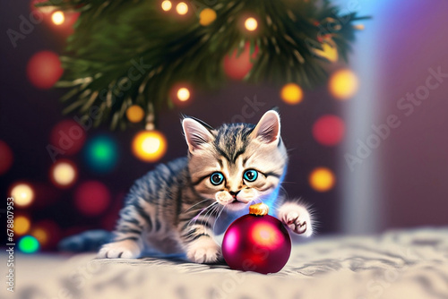 Um filhote de gato tigrado brincando com uma bola natalina vermelha com luzes de Natal ao fundo.