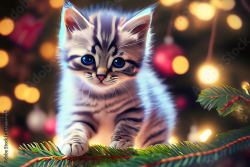 Um filhote de gato tigrado junto de uma árvore de Natal com luzes de Natal ao fundo. photo
