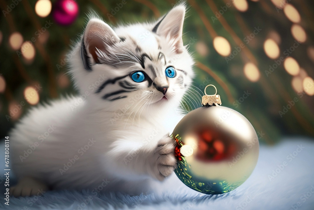 Um filhote de gato branco brincando com uma bola natalina, com luzes de Natal ao fundo.