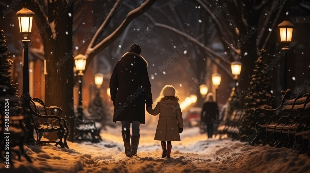 Festive atmosphere in a small town during the Christmas and New Year holidays. Mother and daughter on city streets. Winter snowy ambience