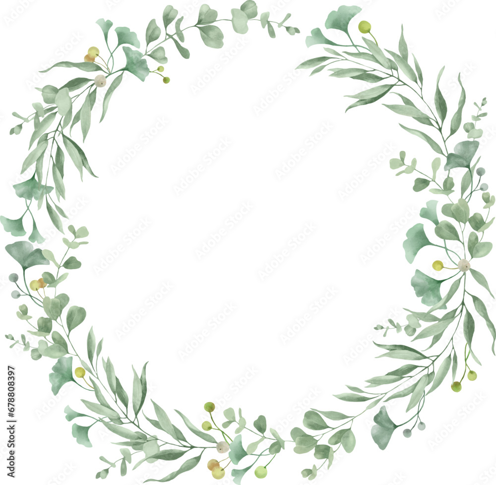 Watercolor floral wreath with eucalyptus, ginkgo leaves, berries . Hand drawn illustration isolated on white.