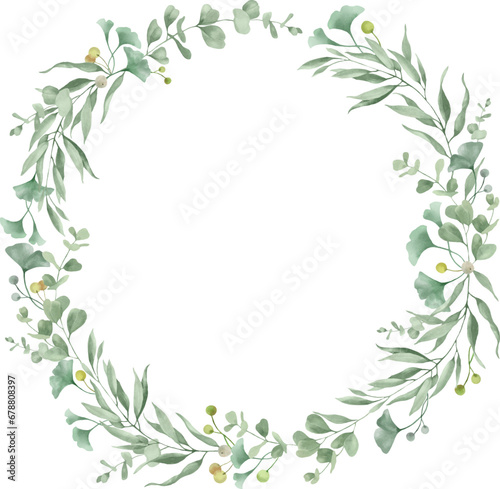 Watercolor floral wreath with eucalyptus  ginkgo leaves  berries . Hand drawn illustration isolated on white.