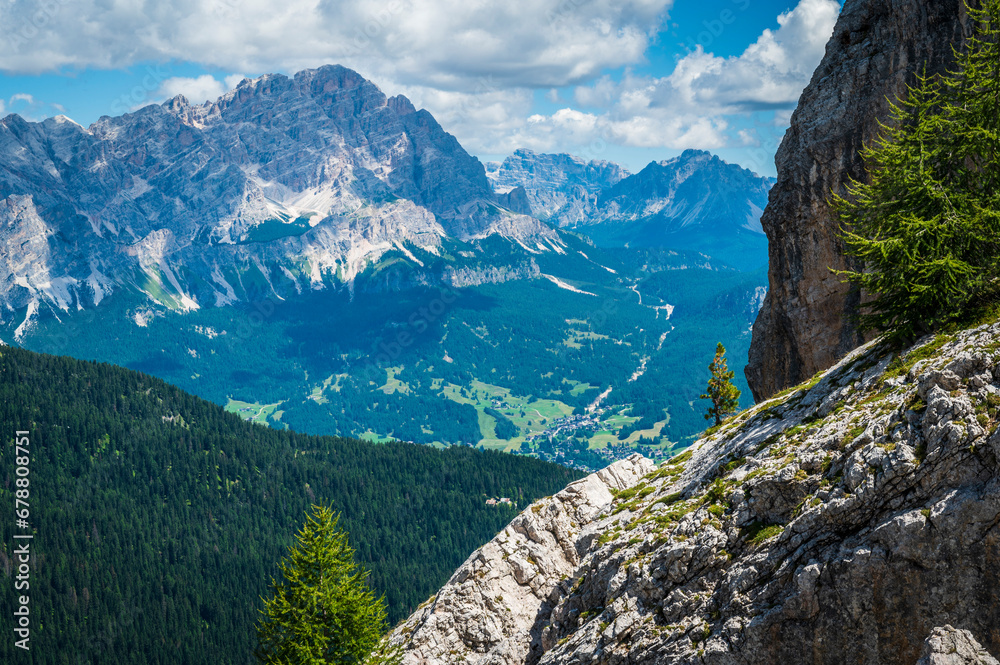 Dolomites, five towers. Breathtaking panorama of the mountains above Cortina d'Ampezzo.