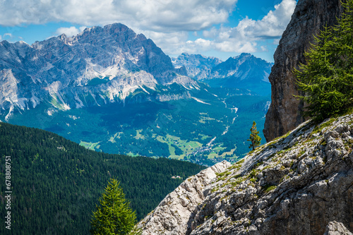 Dolomites, five towers. Breathtaking panorama of the mountains above Cortina d'Ampezzo.