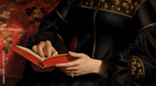 Close-up of ornately dressed woman's hands delicately turning a page in a classic red book. photo
