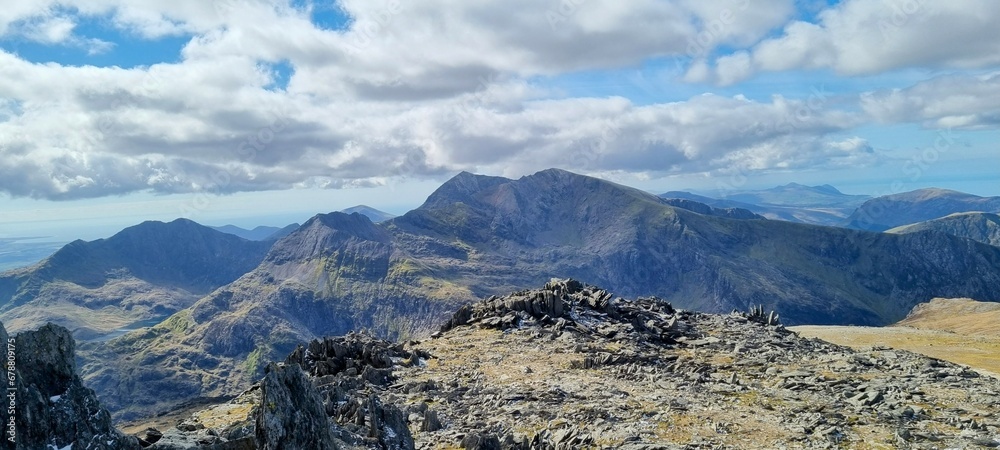 Hiking in Eryri National Park, Snowdonia, Wales, Glyderau and Snowdon sunny day