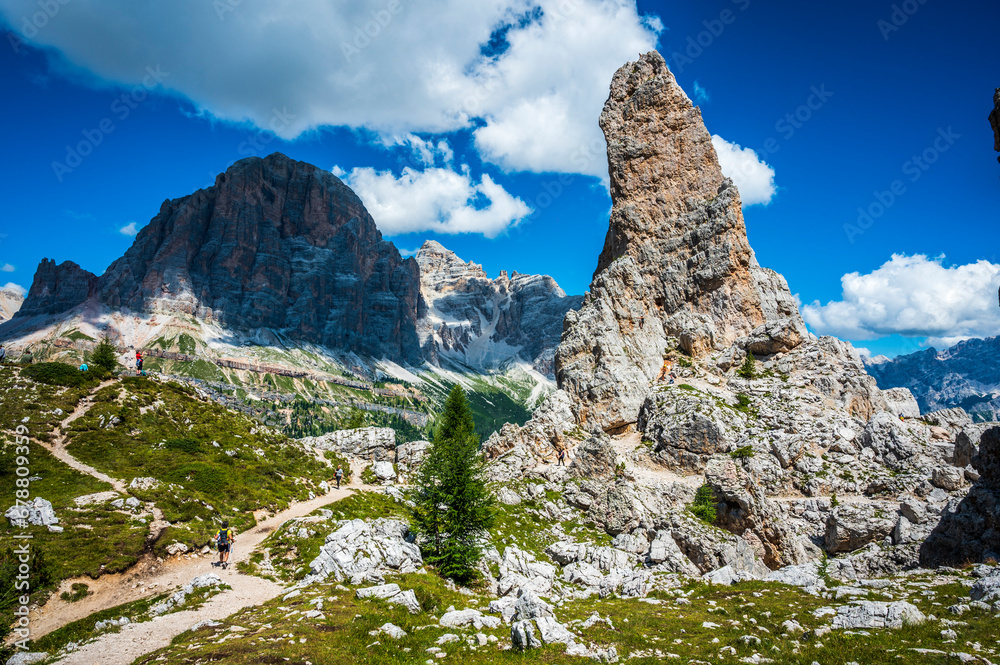 Dolomites, five towers. Breathtaking panorama of the mountains above Cortina d'Ampezzo.