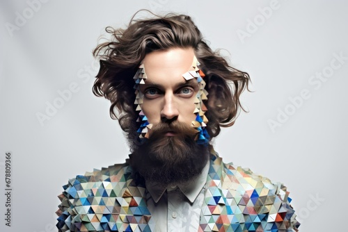 portrait of a very creative person whos face is covered with multicolored geometric particles photo