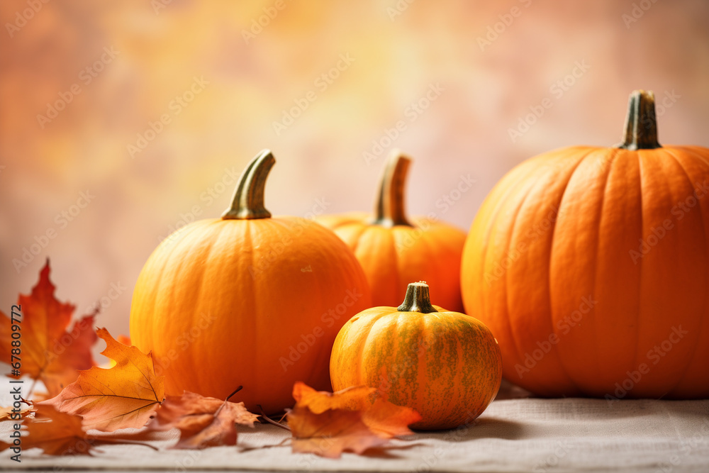  Fall Background with Orange Pumpkins and Fall Leaves