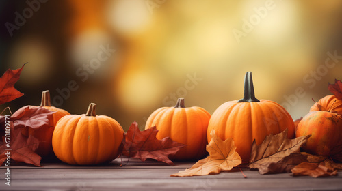  Fall Background with Orange Pumpkins and Fall Leaves
