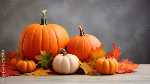  Fall Background with Orange Pumpkins and Fall Leaves