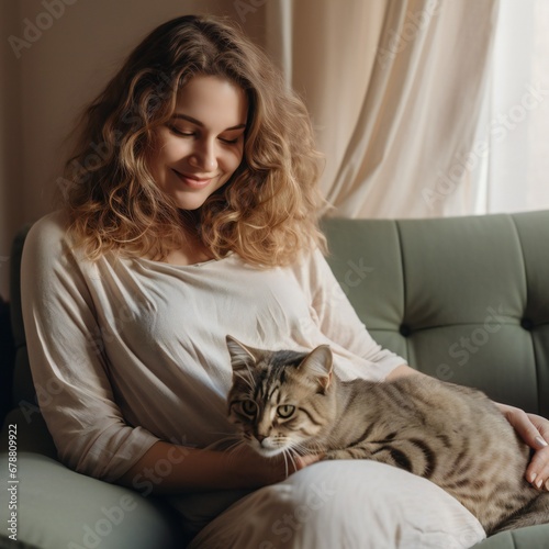 Pregnant woman in the home room on the couch with a cat