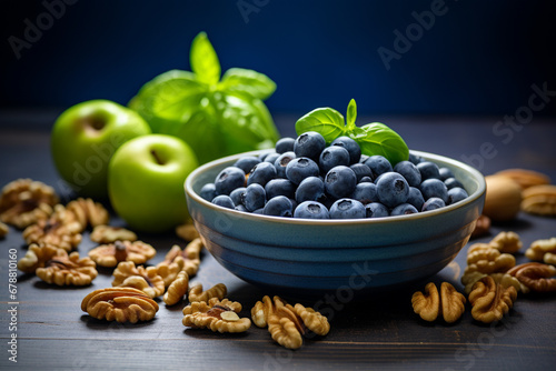 A visually appealing plate of brain-boosting foods, such as blueberries, walnuts, and dark leafy greens,