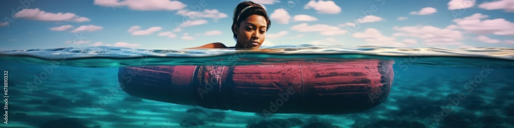 Man Swimming with Pink Tube East Indian Woman Enjoying Beach Vacation Generative AI