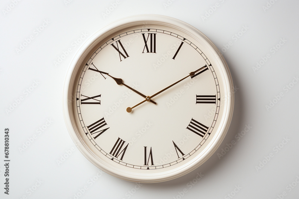 Elegant clock with roman numerals and wooden rim on plain background Elegant clock with roman numerals and wooden rim on plain background