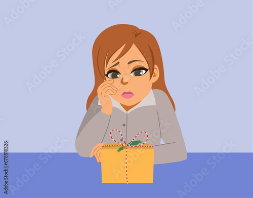 Unhappy sad person looking at closed gift box vector illustration drawing. Upset woman feeling bad about unexpected and unpredictable surprises from unknown people