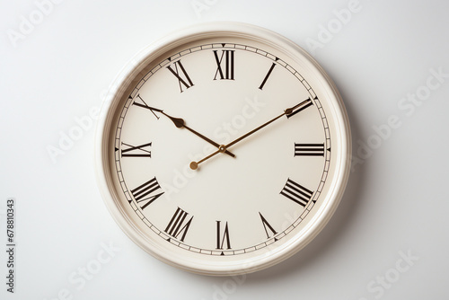 Elegant clock with roman numerals and wooden rim on plain background