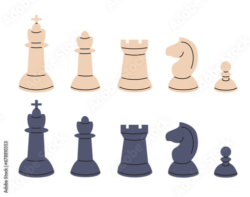 Black and white chess pieces set vector illustration. Rows of queen, king, bishop, rook, horse and pawn from different teams. Modern figures of board game isolated on white background