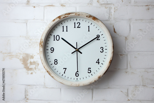 Vintage styled wall clock with rustic edges on white brick background