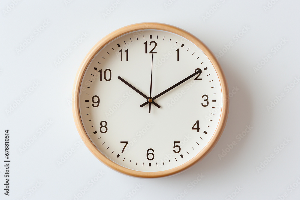 Wall clock with tan frame and black hands on a white surface Wall clock with tan frame and black hands on a white surface