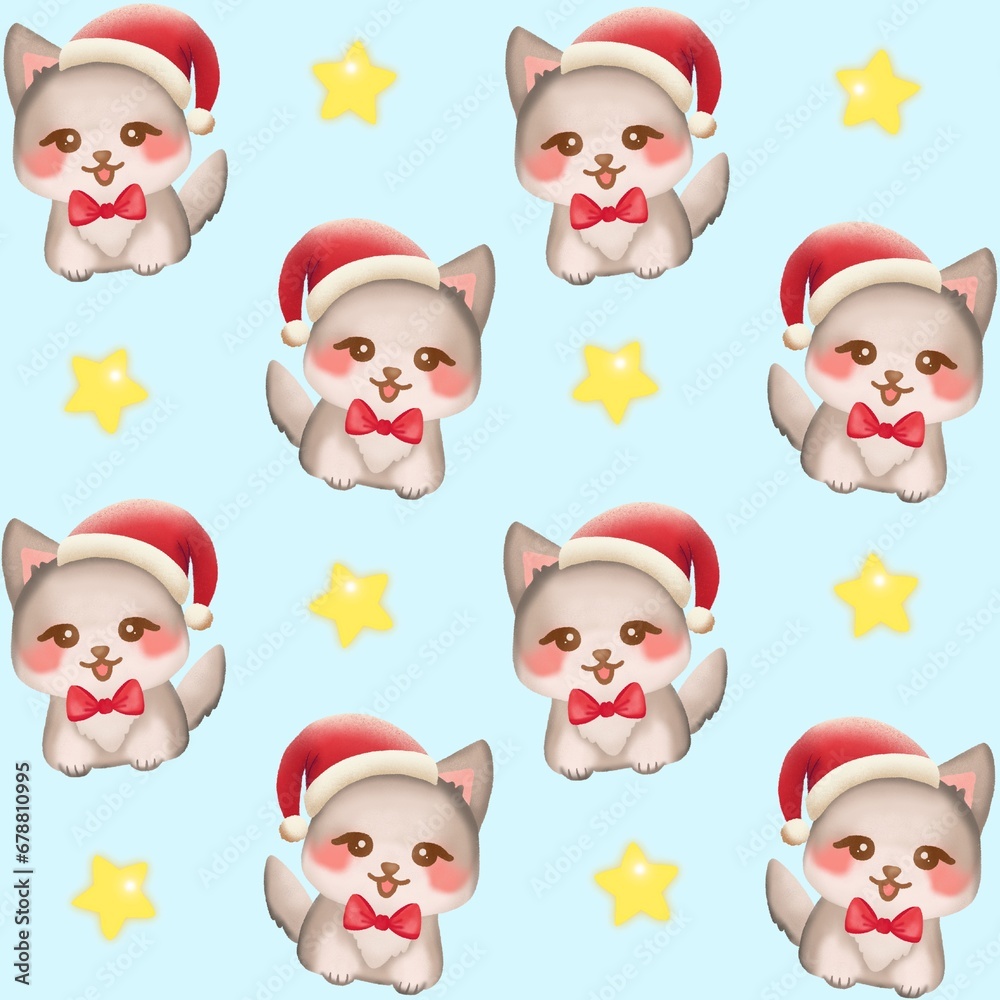 Fototapeta premium Christmas dog husky with glow star seamless pattern bg