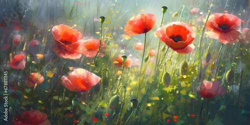 Red poppy flowers on the summer meadow, watercolor painting.