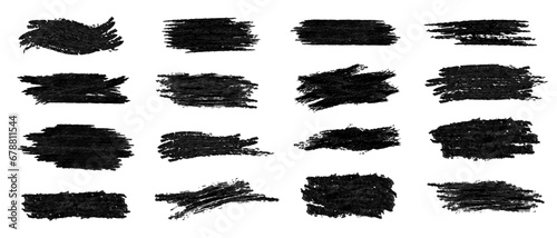 Set of black vector textured brush splashes. Detailed rough grungy blots  ink smears  paint smudges  pencil stains as text boxes. Template of freehand paintbrush strokes  artistic design elements