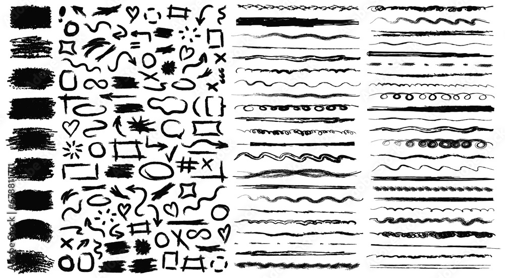 Big collection of black raw textured sketch elements on white background. Doodle rough grunge underline markers, text boxes, brush strokes, hand drawn frames, arrows, emphasis, doodle bubbles, etc. - obrazy, fototapety, plakaty 