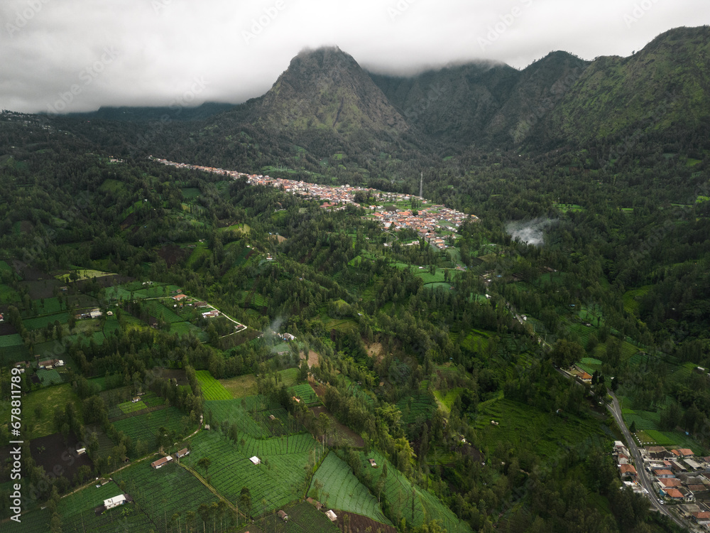 Fototapeta premium Exploring East Java's Beauty: Aerial View of Cemoro Lawang, a Rural Mountain Village Surrounded by Lush Green Fields and Fertile Countryside. Embark on a Vacation in Asia's Destination, Indonesia