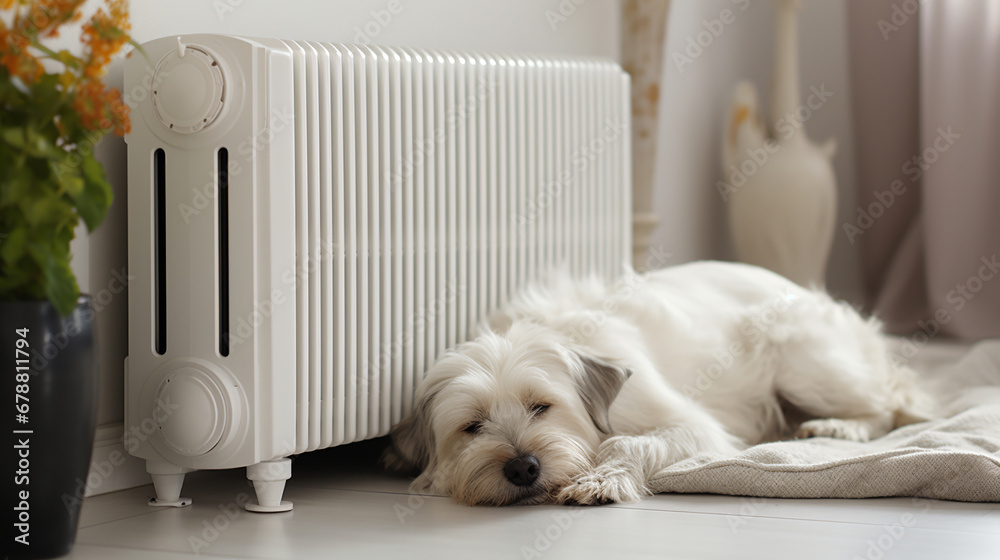 dog sleeps near a white radiator in the living room. ai generative - obrazy, fototapety, plakaty 