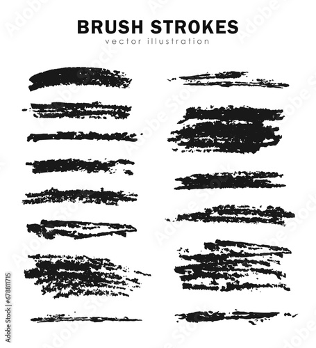 Collection of hand drawn thick and thin charcoal pencil strokes or graphite crayon brushes on white background. Grungy paint or ink scratches, smears. Set of freehand textured paintbrushes. 