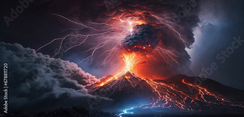 Erupting volcano with lava smoke and lightning . Created with generative AI technology