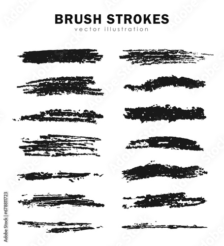 Pack of handmade black brush strokes. Vector freehand drawing grungy painted lines, detailed textured paint, charcoal pencil smears, highlighter, marker or ink brushes, artistic design elements