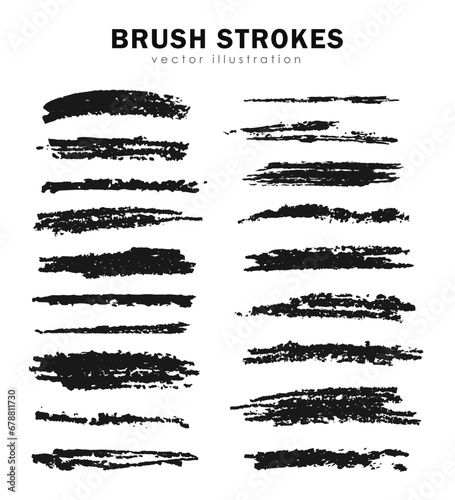 Collection of hand drawn thick and thin charcoal pencil strokes or graphite crayon brushes on white background. Grungy paint or ink scratches  smears. Set of freehand textured paintbrushes. 
