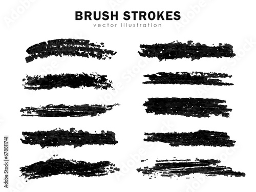Set of handmade black brush strokes. Vector freehand drawing grungy painted lines, detailed textured paint, charcoal pencil smears, highlighter, marker or ink brushes, artistic design elements