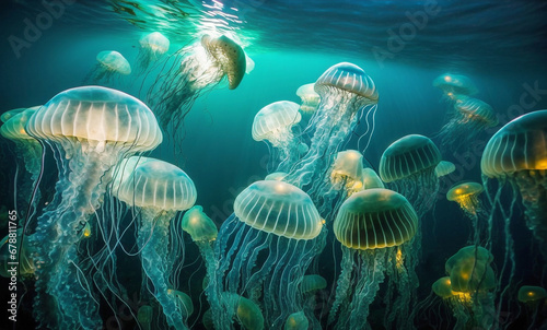 shoal of jellyfish evolving under the ocean. 