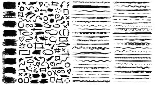 Big collection of black raw textured sketch elements on white background. Doodle rough grunge underline markers, text boxes, brush strokes, hand drawn frames, arrows, emphasis, doodle bubbles, etc. photo
