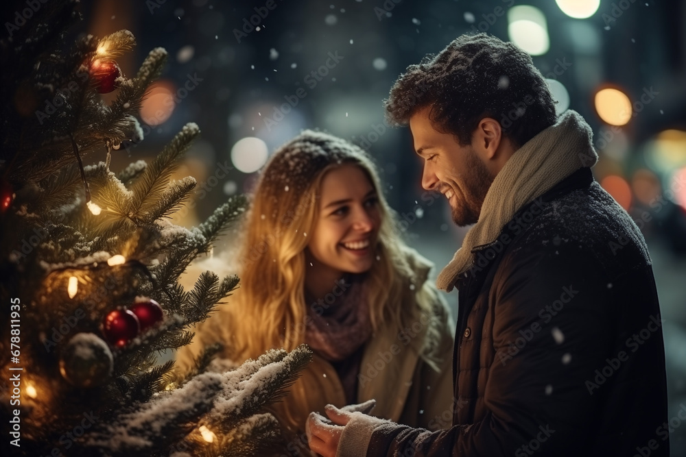 Young couple in love during festive atmosphere in a small town during the Christmas and New Year holidays. Falling in love. Winter snowy ambience Young couple in love during festive atmosphere in a small town during the Christmas and New Year holidays. Falling in love. Winter snowy ambience