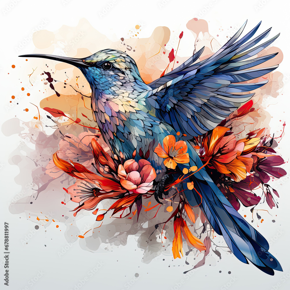 watercolor Stunning Humming bird in flowers clipart, Generative Ai