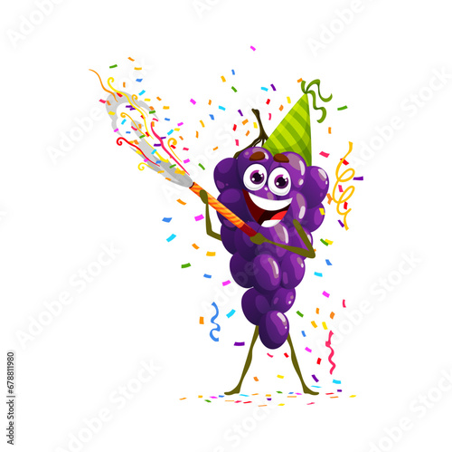 Cartoon happy grape fruit character on birthday party, anniversary holiday celebration. Holiday celebration, birthday party or anniversary greeting cute fruit vector personage with confetti cracker