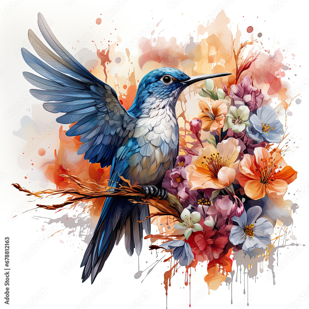 watercolor Stunning Humming bird in flowers clipart, Generative Ai