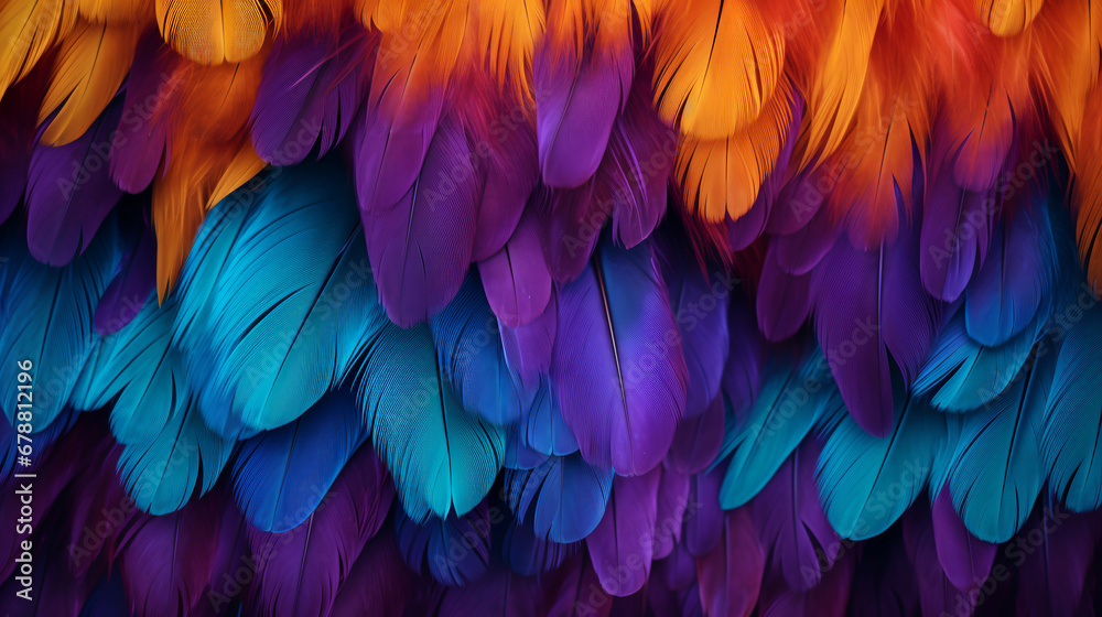 beautiful colorful bird feathers background. ai generative