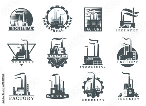 Factory and industrial plant icons, oil, gas and chemical industry manufacture, vector emblems. Refinery, mine or energy power plant with chimney smoke and cogwheel, industrial technology symbols