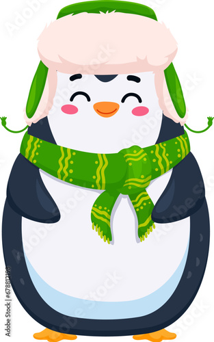 Cartoon cute funny penguin character wearing green winter hat with ear flaps and scarf, adding a touch of humor and charm for Christmas holidays. Adorable bird personage for children book or game