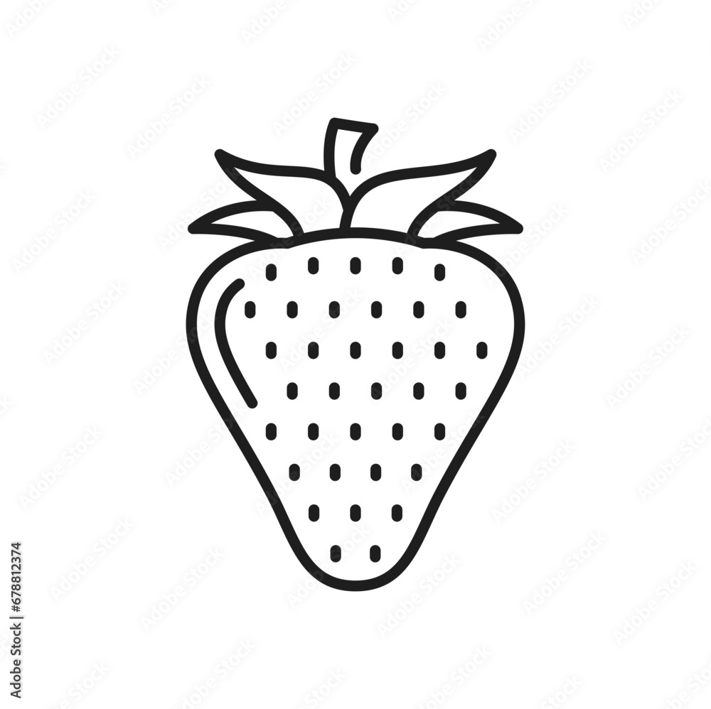 Outline strawberry, isolated ripe organic berry. Vector fresh summer fruit, vegetarian food snack. Healthy juicy strawberry with stem