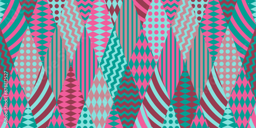 Abstract multicolored pink-blue-red pattern with decorated rhombuses. Bright colorful vector illustration for cards, business, banners, textile, clothing 