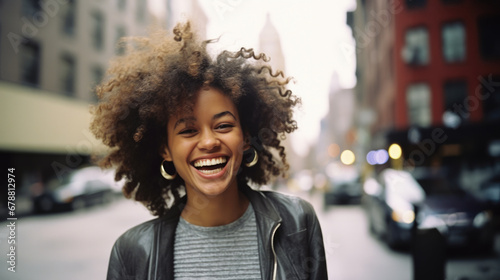 Closeup Portrait of a happy young adult African girl standing on a city street,Happy young african american woman smiling in the city. © Nokhoog